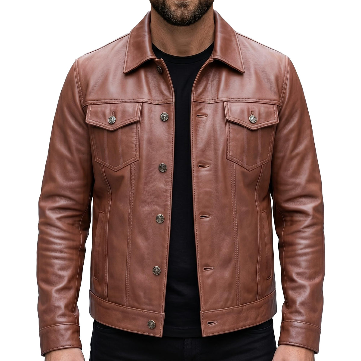 UrbanFocal Mens Brown Leather Jacket - Real Lambskin Classic Trucker Leather Jackets Men | [101002505] F.Trucker Cognac, XL