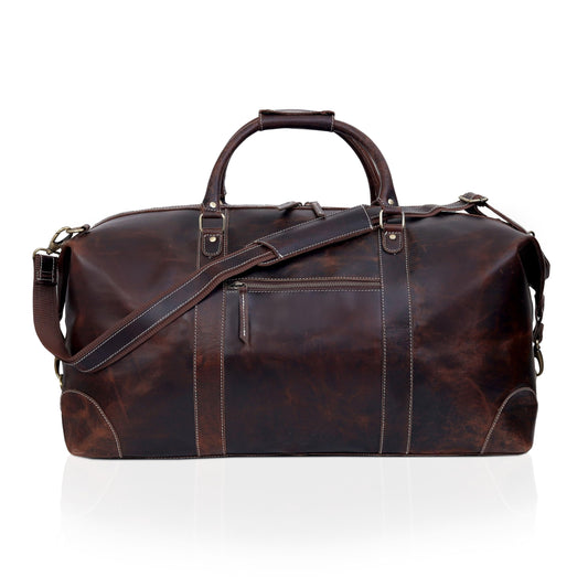 Leather Farm 24 Inch Genuine Buffalo Leather Travel Duffel Bag, Overnight Weekend Bag Sports Gym Duffel for Men, Airplane Under Seat Carry on Bags (Brown)