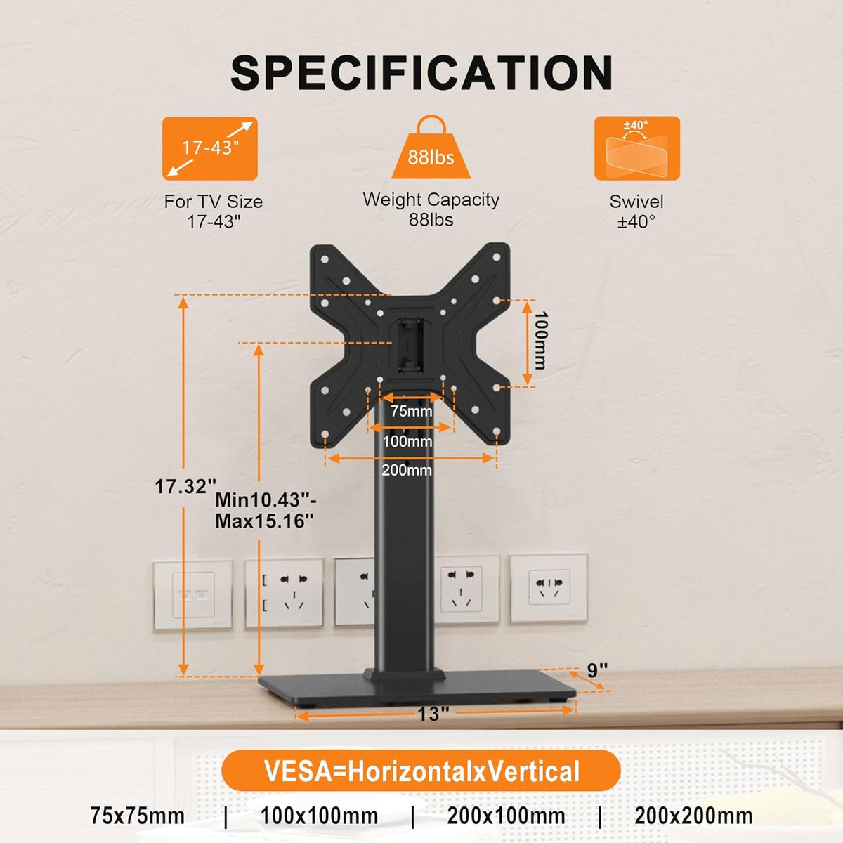 17-43 Inch 88lbs, 200x200mm, TS205 XINLEI Universal Swivel TV Stand Base Table Top TV Stand for TVs Height Adjustable