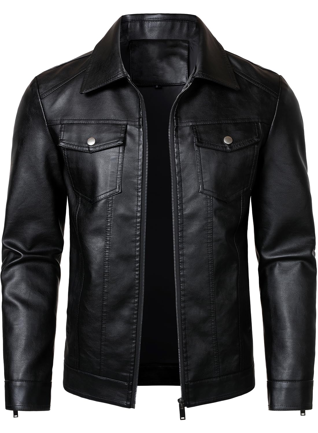 HOOD CREW Mens Leather Jacket Motorcycle Biker Jackets Casual Lightweight Faux Leather Outwear Black L