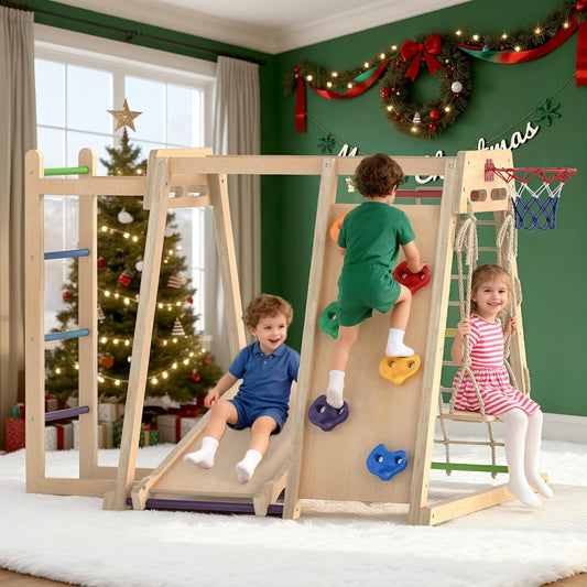 OLAKIDS Indoor Jungle Gym, 9 in 1 Wooden Montessori Baby Climbing Toys with Adjustable 2 Swings Ramp, Monkey Bar Basketball Hoop Ladder Climb Net (Colorful)