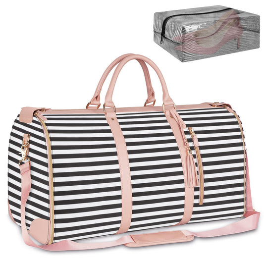 Ytonet Carry On Garment Bag, Large Hanging Duffle Bag for Women, PU Leather Waterproof Bags Travel with Shoe Pouch - 2 in 1 Suitcase Suit Bags, Black and White Stripe