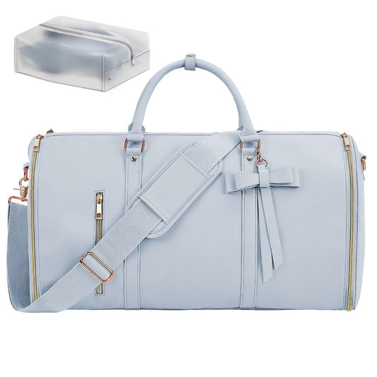 Garment Bags for Travel, Convertible Suit Travel Bag for Women, Stylish Carry On Garment Bag with Toiletry Pocket, Shoulder Strap and Shoes Compartment, 2 in 1 Foldable PU Leather Duffle Bag, Blue