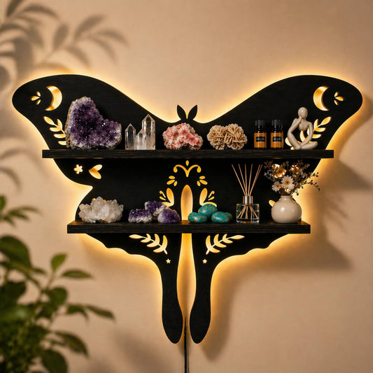 HBSGS Crystal Display Shelf Wall Gothic Shelves with LED Light, Luna Moth Theme, for Trinket, Crystal Rock, Gem, Healing Stone, Essential Oil (Moth-15.7 * 11.8inch/40 * 27.5cm)