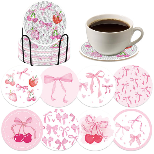 Pink Bow Diamond Art Coasters Kits - 8 PCS DIY Non Slip Diamond Painting Coasters with Holder Bowknot Cherry Strawberry Gem Art Craft Supplies for Adults Beginners Women Coquettee Home Table Decor