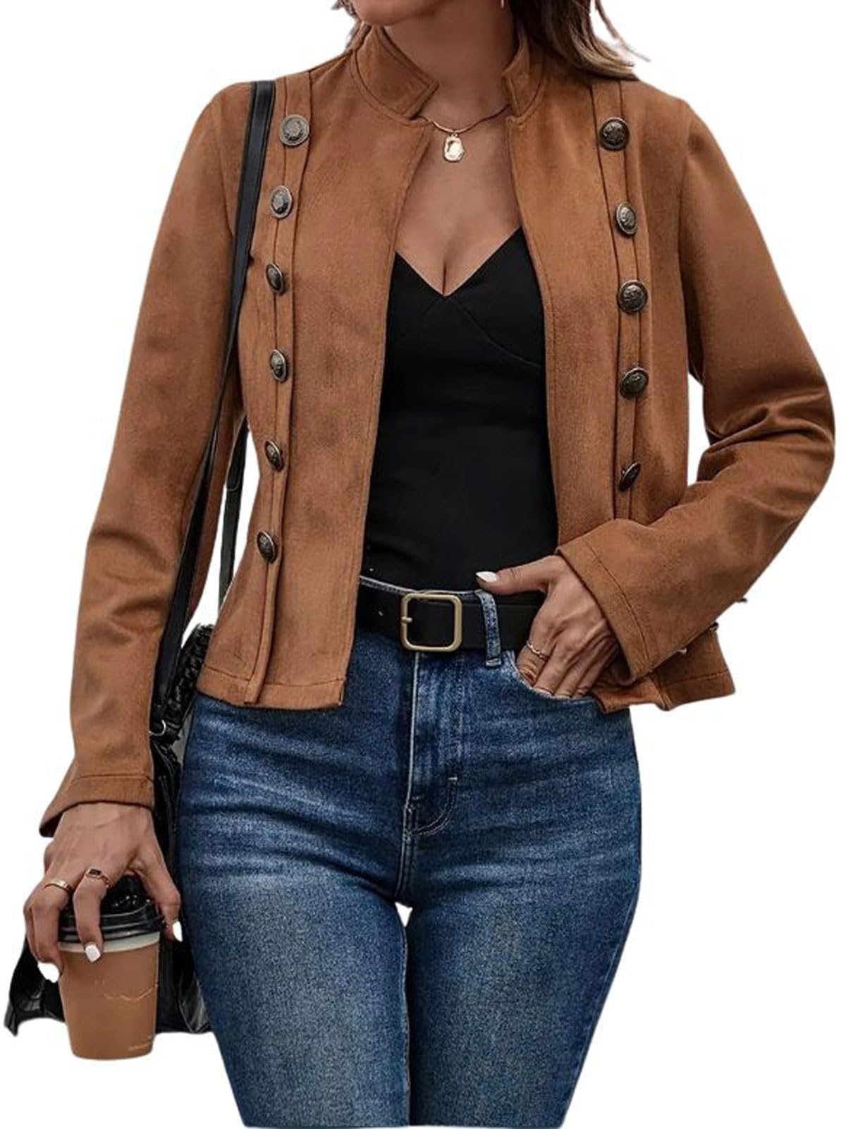 utcoco Women's Faux Suede Leather Jacket Casual Long Sleeve Blazer Jacket Coat 2025 Fall Outfits (Small, Brown)