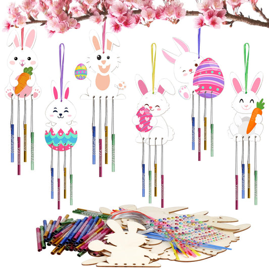 Fennoral 24 Pack Bunny Wind Chime Kit for Kids Make You Own Painting Gift for Easter Basket Stuffers DIY Coloring Wooden Craft for Girls Boys for Easter Hanging Ornaments Party Decoration