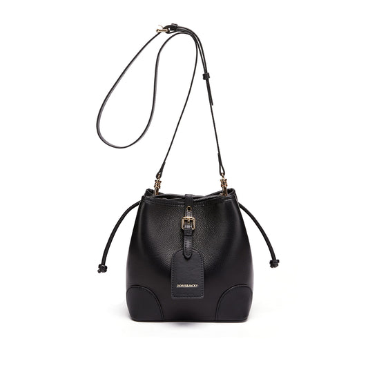 DORIS&JACKY Leather Drawstring Shoulder Bag Small 2 Way Bucket Crossbody Purse For Women (1-Black)