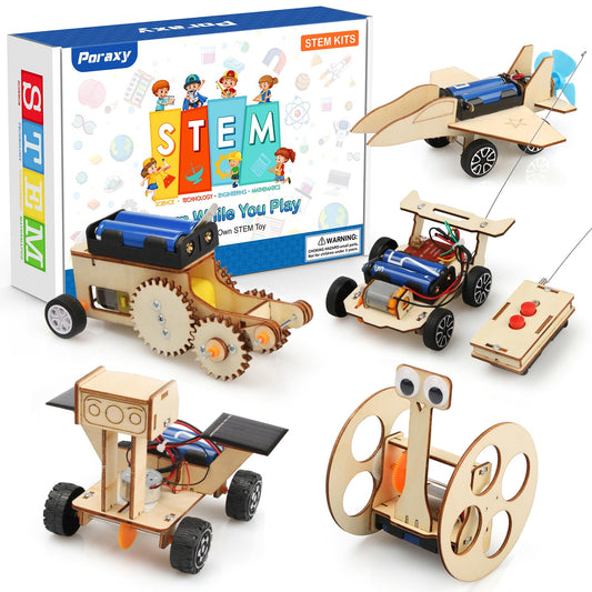 Poraxy STEM Model Car Kits, Toys for Boys Age 8-12, 5 in 1 Kids Wood Building Kit 8-10, 3D Wooden Puzzles, Educational Science Crafts Kits, Birthday Gifts for 8 9 10 11 12 13 14 Years Old Boys