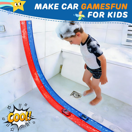 Race Car Bath Toy Set, Flex Race Track Car Set, Toddler Bath Toys, Kids Bathtub Gift,Accompanied by a mesh Storage Bag, Toy car, and Suction Cup, for Ages 3 & Up