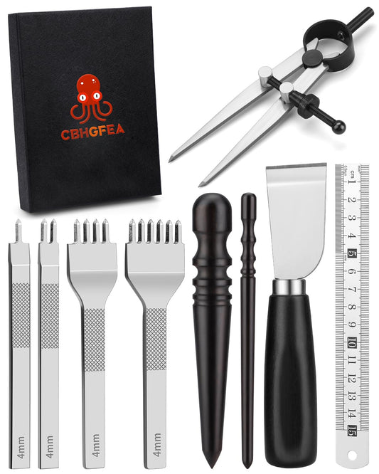 CBHGFEA Leather Working Tools Kit Includes Cutting Knife, Edge Burnisher, 1/2/4/6 Stitching Punch, Leather Compass Geometry Tool and Steel Ruler for DIY Leathercraft DIY Projects