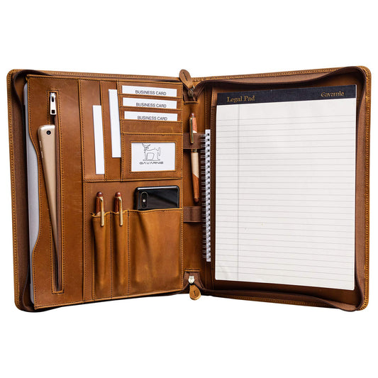 Gavarnie Genuine Leather Professioal Business Portfolio Padfolio Folder with Zipper for Men and Women,Work Portfolio for Letter Size Notepad, for Meeting and Travel, Brown