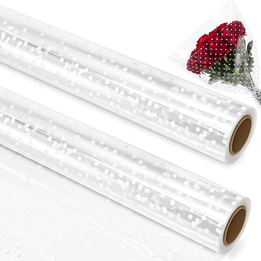 yarlung 2 Pack 33 Inch x 100 Feet Clear Cellophane Wrap Roll with White Dot, Folded Thick Transparent Gift Wrapping Paper for Gift Baskets, Candy Treats, Flower Bouquets, Arts Crafts