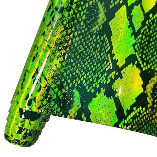 HYANG Holographic Mirror Snake Fluorescent Green PU Faux Leather Sheets 1 Roll 12"X53"(30cmX135cm), Faux Leather Fabric Very Suitable for Leather Earrings, Bows, Handbag ，Sewing ，Crafts Making