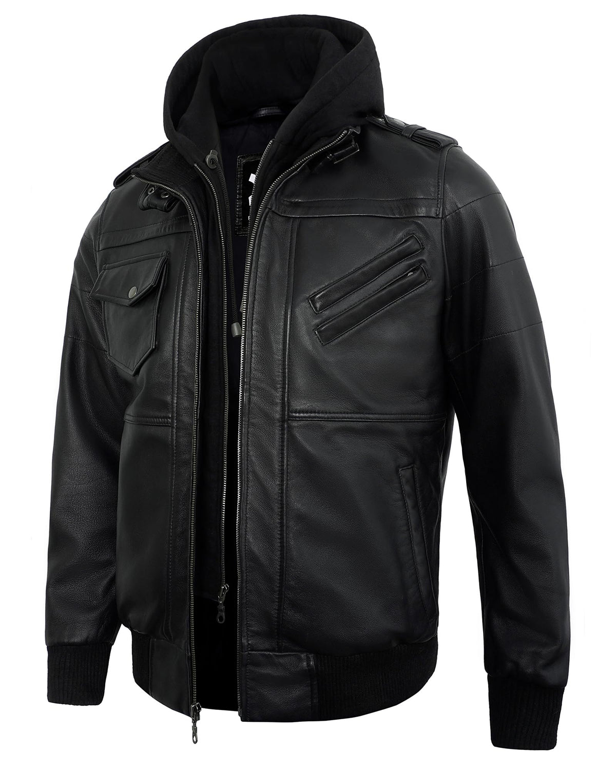 UrbanFocal Hooded Black Leather Bomber Jacket Men - Real Lambskin Leather Jackets For Mens With Detachable Hood | [101009905] Edinburgh Black, XL