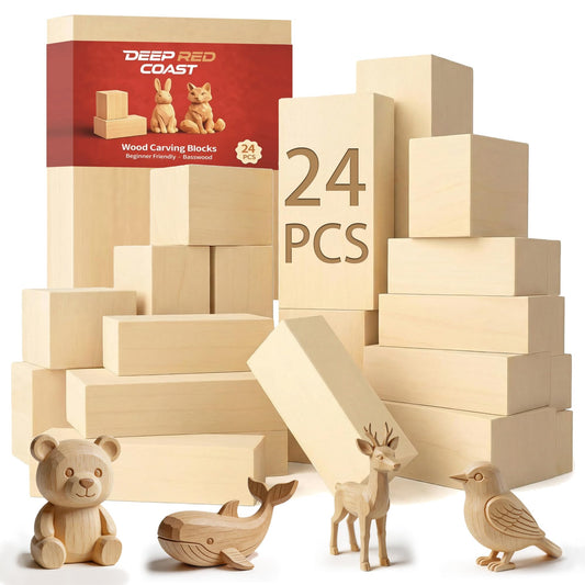Basswood Carving Blocks 24PCS, Wood Carving Kit for Beginners & Kids, Soft Basswood Whittling Blocks with 3 Sizes (4"x1"x1", 2"x2"x2", 4"x2"x2"), Ideal for Crafts, Sculptures, DIY Projects