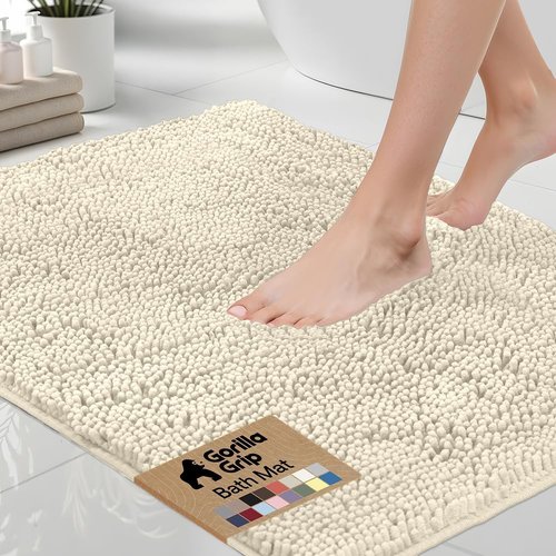 GORILLA GRIP Bath Rug Mat - Thick Soft Chenille | Quick Dry Microfiber, 48x17, Ivory, Washable