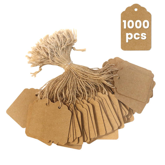 Brown Price Tags with String 1000 PCS, 1.375 x 2.125 Inches, Goefun Kraft Paper Hang Tags for Gift Bags, Hanging, Clothing, Jewelry, Garage/Yard Sale, Inventory, 250 GSM