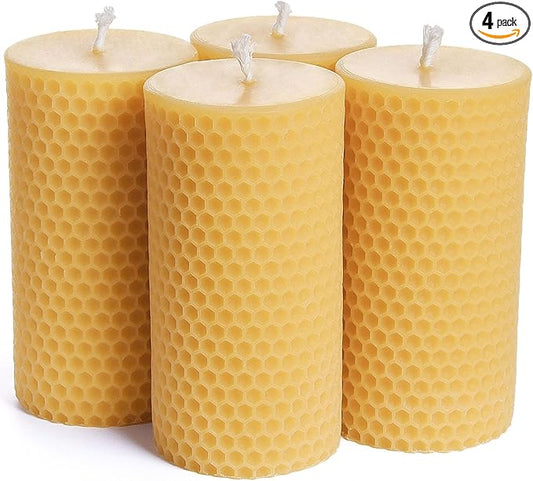 Natural Beeswax Pillar Candles 4 Packs - Honeycomb Surface - 100% Pure Beeswax Candles No Scent- for Emergency/Prayer/Relax (2inch Diameter, 4 inch Tall - Yellow)