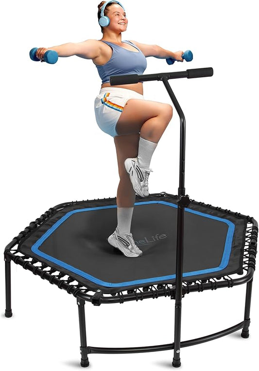 SereneLife 40"/50" Mini Trampoline for Adults - 450/550LBS Fitness Trampoline with Reinforced Springs & Adjustable Safety Handle - Stable & Quiet Supports Whole-Body Workout & Relaxation