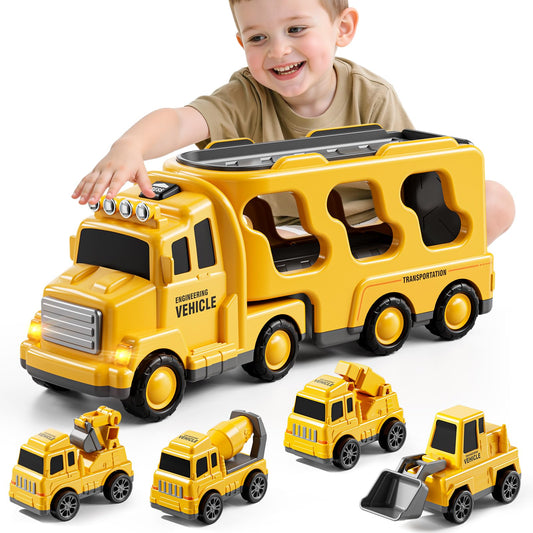 Bennol Construction Truck Toys for Toddler Boy 1 2 3 4 5 Year Old Car Trucks Birthday Gifts Toys for Kids Ages 1-3 3-5 5-in-1 Construction Trcuk with Excavator Crane Mixer Bulldozer