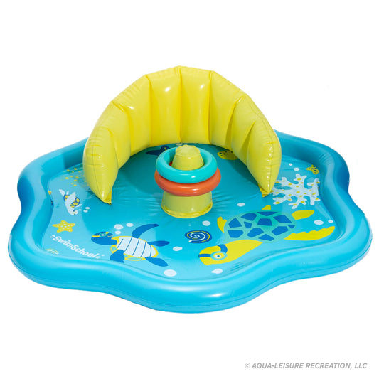 SwimSchool Baby Splash Play Mat with Adjustable Canopy – Inflatable Play Pool for Babies & Infants with Backrest – Includes Baby Water Toy Rings – Seafoam Blue Lemon