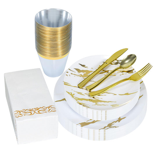 175pcs Gold Plastic Dinnerware Set – Elegant Disposable Plates, Cups, Utensils & Napkins for Wedding, Party, Birthday, Graduation
