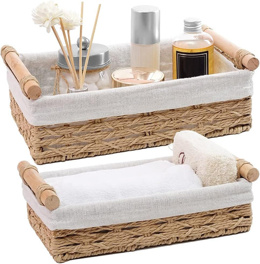 Round Paper Rope Storage Basket Set by [Brand Name] - Stylish Wicker Baskets with Handles for Organizing | Set of 2 Beige Bins