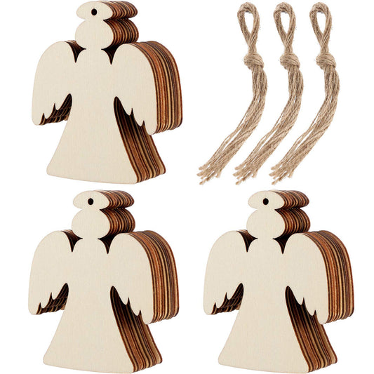 Tatuo 30 Pcs Christmas Wooden Angel Ornaments for Christmas Tree Decorations Unfinished Cutout Tree Tags Crafts Blank Angel Shape Hanging with 3 Rolls Twine for Painting DIY Gift Church Party