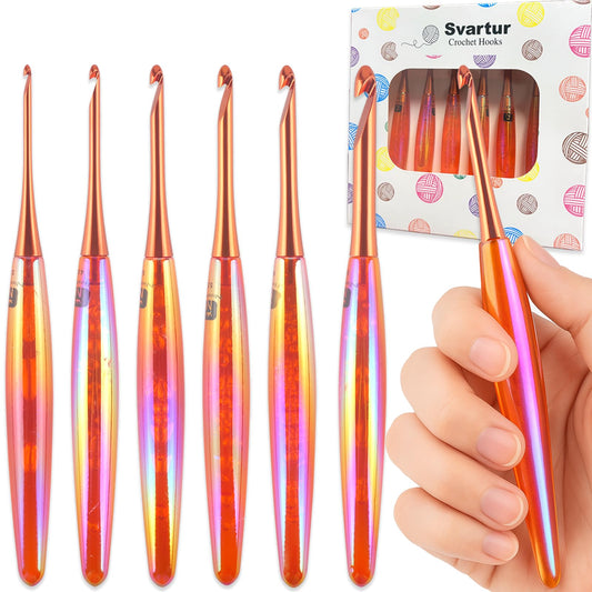Svartur Ergonomic Crochet Hooks Set, 6 Sizes (3mm–8mm), Resin Comfort Grip Handles with Aluminum Hook Tips, Smooth Lightweight Crochet Needles for Beginners & Advanced Crafters