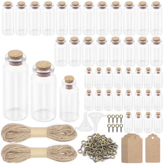 Swpeet 148Pcs 3Sizes Mini Glass Bottles with Cork Stoppers, Eye Screws, Twine, Funnel and Label Tags Assortment Kit, Mini Glass Jars Cork Stoppers Bottles for DIY Crafts Party Decoration