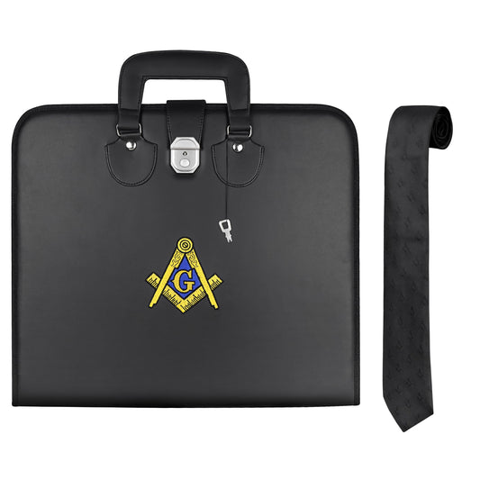 Masonic Master Mason Blue Lodge Apron Case, Faux Leather, 16x18 Inch with Blue/Gold Embroidered Logo, Silk Knitted Tie Set