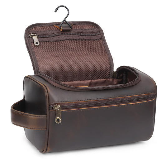 TIDING Mens Leather Hanging Toiletry Bag Travel Shaving Kit Portable Makeup Cosmetic Organizer Wash Case