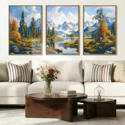 BINCUE Framed Mountain Landscape Wall Art Nature Forest Wall Decor Tree and River Art Print for Living Room Bedroom Office 16x24 Inches Set of 3