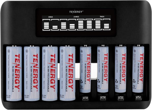 Tenergy TN480U 8-Bay 4pcs 2500mah 4pcs 1000mah LCD Display Fast Charger for NiMH/NiCD AA AAA Rechargeable Batteries