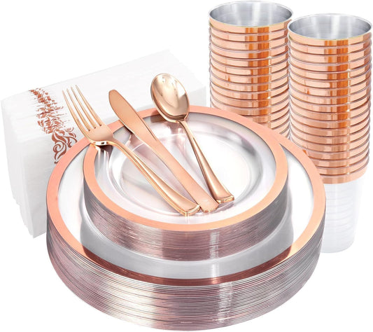 YOUBET 175PCS Rose Gold Plastic Plates - Clear Plastic Plates Disposable with Rose Gold Rim includes 50 Plates, 25Forks, 25Knives, 25Spoons, 25Cups, 25Napkins for Party & Wedding
