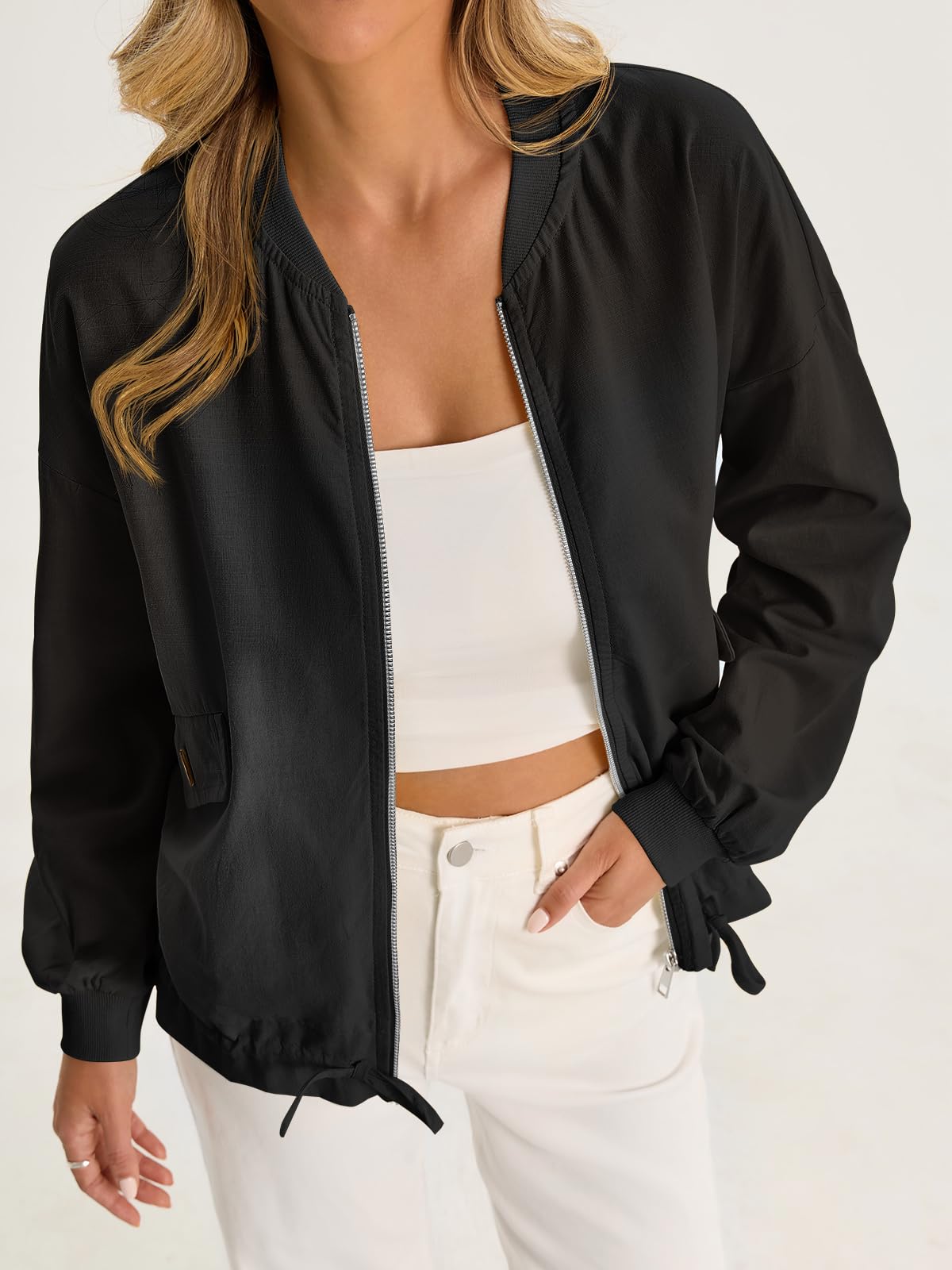 Tankaneo Womens Lightweight Linen Bomber Jackets Summer Cotton Zip Up Coat