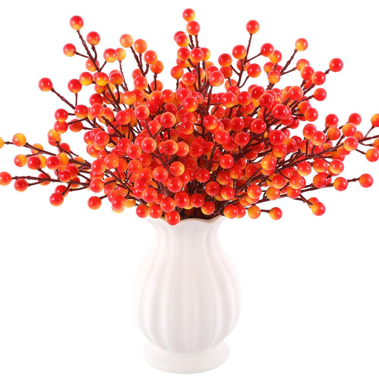 Rowfad 40 Pcs Artificial Berry Stems Branches, Fall Halloween Faux Holly Berries Picks and Sprays Ornaments for Thanksgiving Wreath DIY Craft Decorations Holiday Home Decor (40, Orange)