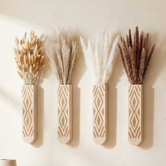 Suncalla 4 Pack Wooden Wall Planter with 110 Pampas Grass Modern Boho Wall Decor for Living Room Bedroom Bathroom Entryway, Farmhouse Rustic Art Vase for Dried Flower Faux Plant Home Office Decor