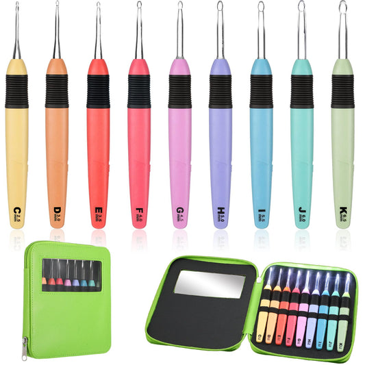 Chuangdi 9 Pieces Lighted Crochet Hooks with Case 9 Size LED Light Crochet Hooks Set Knitting Needles Craft Yarn Weaving Needles Comfortable Smooth Handle for Knitting, 2.5 mm-6.5 mm(Colorful)