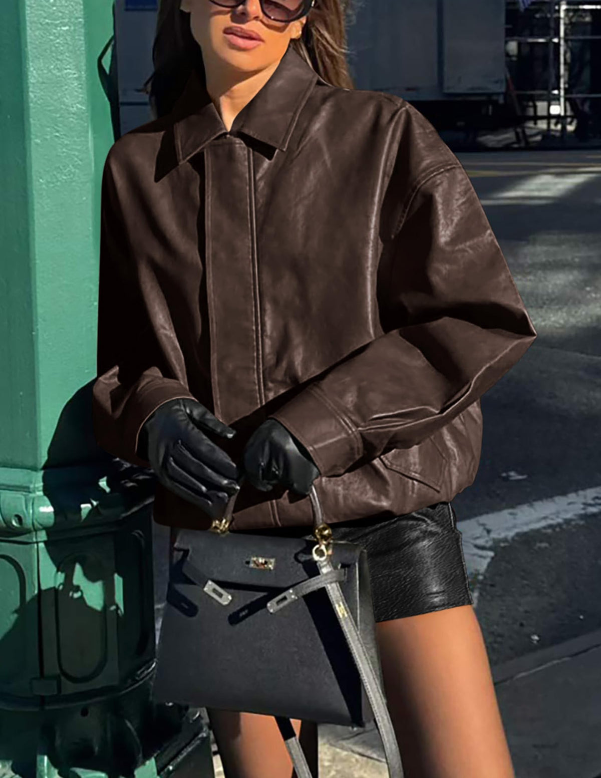 PRETTYGARDEN Women's Faux Leather Motorcycle Jacket Trendy Fall Spring Clothes Oversized Zip Up Winter Coat Outerwear (Dark Coffee,Medium)
