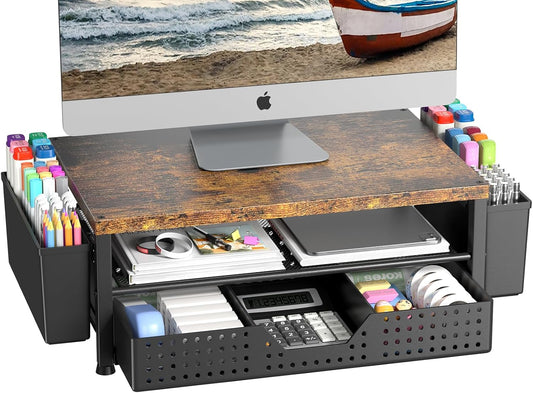 Wood Metal Monitor Stand Riser, Laptop Stand for Desk, Office Desk Organizer and Accessories, Computer Desktop Shelf