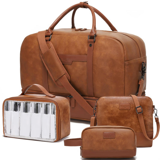 Wogarl Weekender Bag for Women: 4PCS Faux Leather Large Overnight Travel Duffel with Shoe Compartment & Toiletry Satchel Bags Carry On Duffle Fit 21" Laptop (Light Brown)