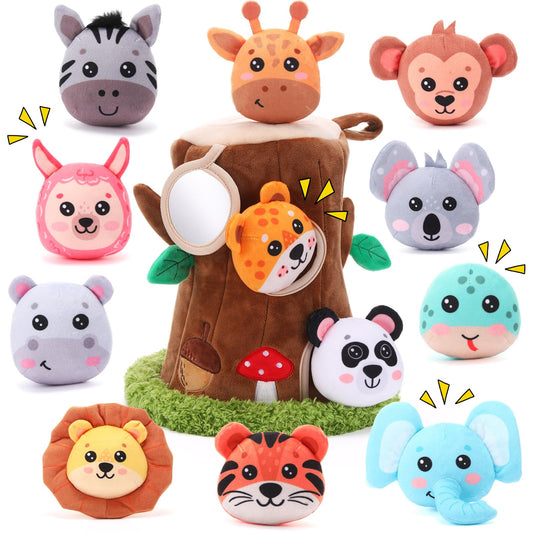Arrowbash 13 Pcs Plush Animal Tree House Toy for Babies 6-24 Months, Hide and Seek Sensory Toy, Montessori Toddler Learning Toys, Soft Stuffed Animal Playset, Baby Development Toys Gift for Boys Girls