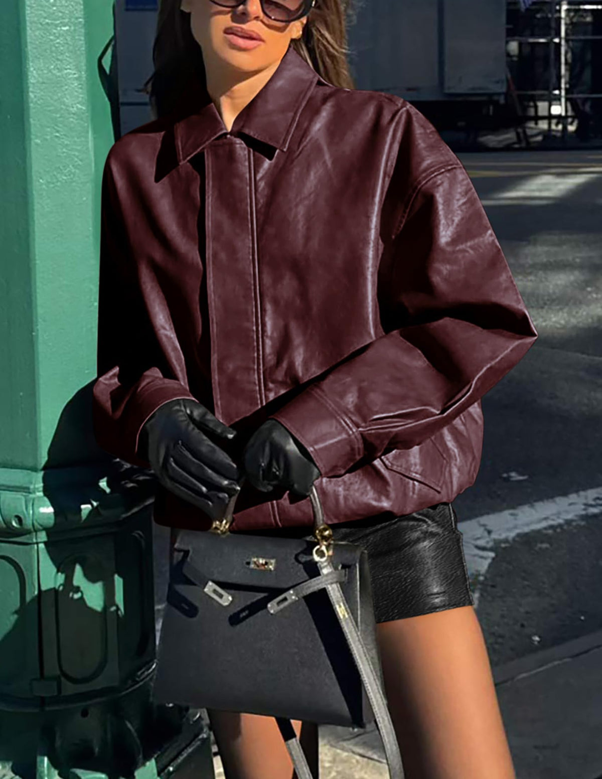 PRETTYGARDEN Women's Faux Leather Motorcycle Jacket Trendy Fall Spring Clothes Oversized Zip Up Winter Coat Outerwear (Wine Red,X-Large)