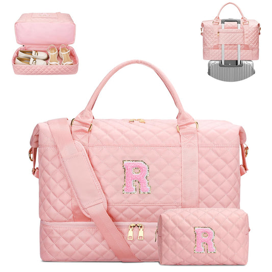 Gifts for Women Teen Girls Birthday Initial Travel Duffle Bag Quilted Weekender Bags Carry-On Overnight with Cosmetic Bag, Gym Bag with Shoe Compartment, Pink-R