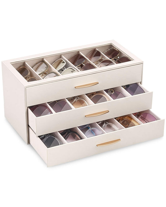 Lolalet 18 Slots Sunglasses Organizer Case for Women, 3-Layer Eyeglass Storage Holder Display Box with Clear Top Lid, Mothers Day Gifts -Cream