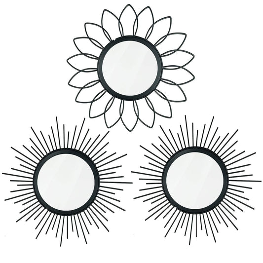 3 Pack Metal Mirrors for Wall Sunburst Wall Mirrors Home Décor Decorative Hanging Wall Art for Living Room Bedroom Entryway (Black, Flower+Sunburst)