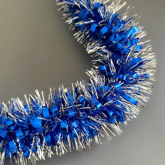 33Ft Long Blue Tinsel Twist Garland Shiny Thick Metallic Foil Xmas Tree Decorations for Birthday Party Christmas New Year Parties Parade Floats and Other Holidays Hanging Decor-(Blue+Silver)