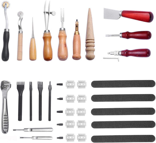 BANYOUR 29 Pcs Leather Craft Kit for Hand Sewing, Leather Hand Sewing Punch Tools Kit with Edge Beveler, Stitching Carving Working Sewing Saddle Groover Leather Craft DIY Tool